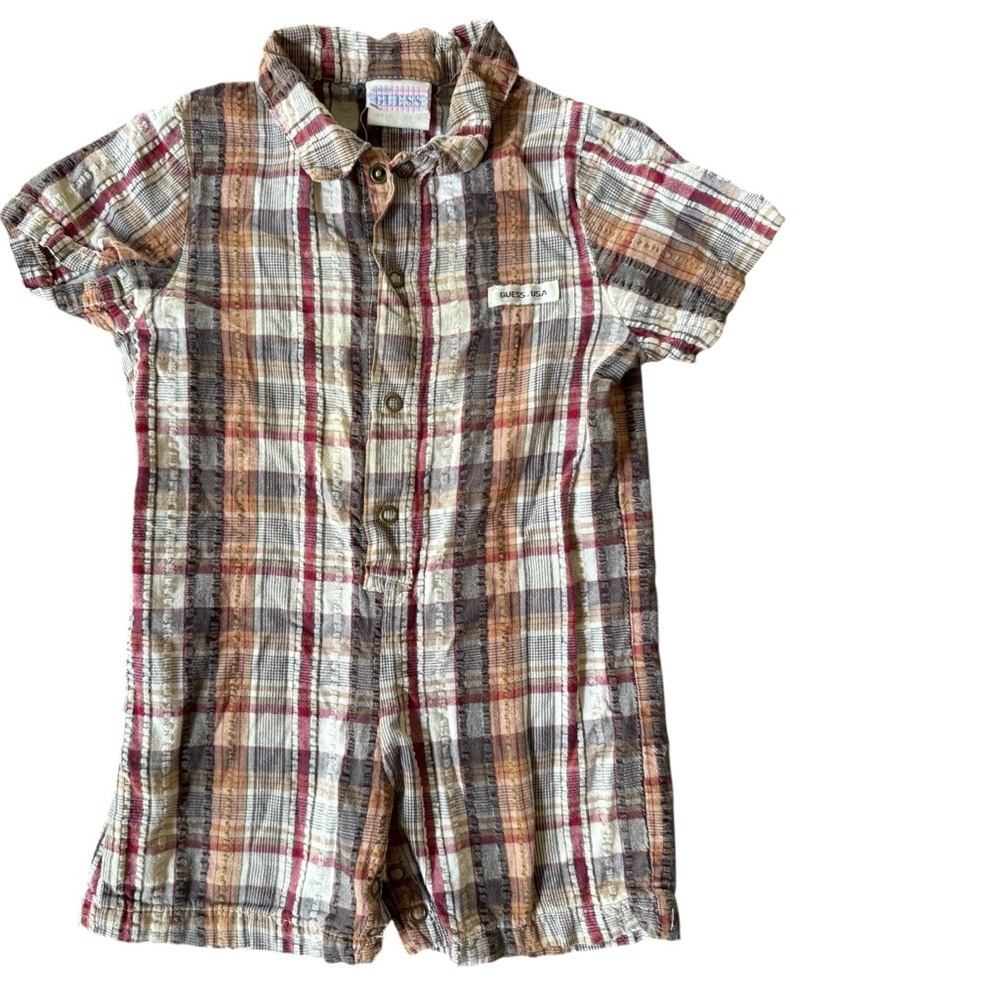 Vintage 90s Baby Guess Tan Brown Plaid Check Romper Baby Boy 24M